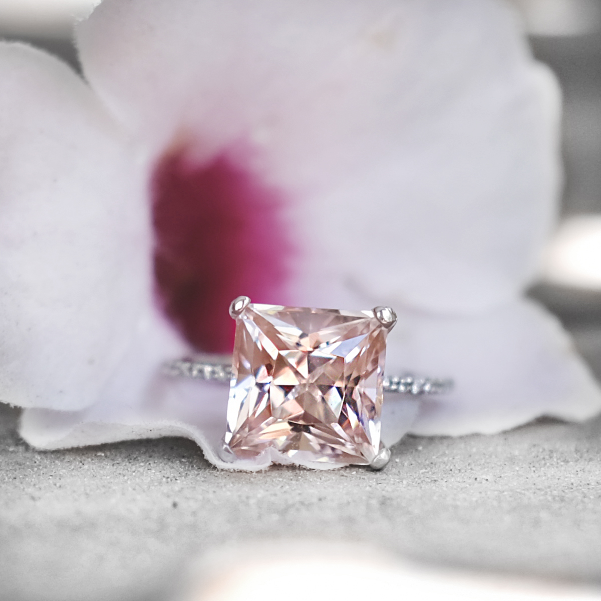 Pink Morganite wedding set | 9 x 9 Princess Cut Pink Morganite Ring | Christine K Jewelry